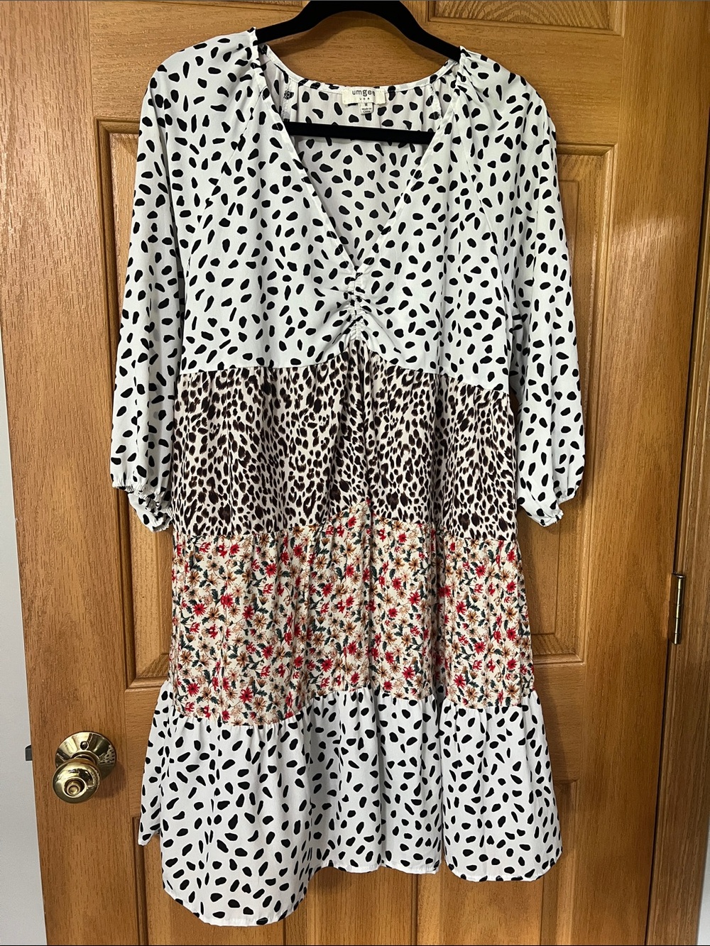 Umgee White Black Multi-Pattern Tiered Midi Dress